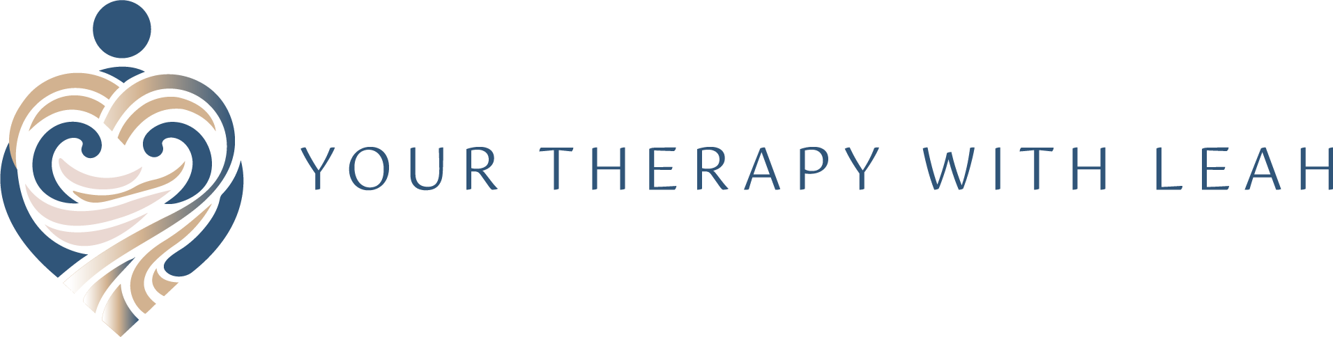 Your Therapy With Leah logo featuring an abstract heart design in shades of blue and black, with a stylised human figure at the top. the business name is written in elegant, dark blue text on the right.